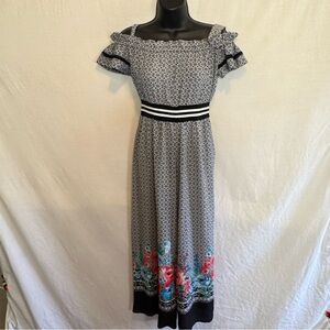 D-200 Bonnie Jean Black & White Floral Short Sleeve Cold Shoulder Jumpsuit Sz 12